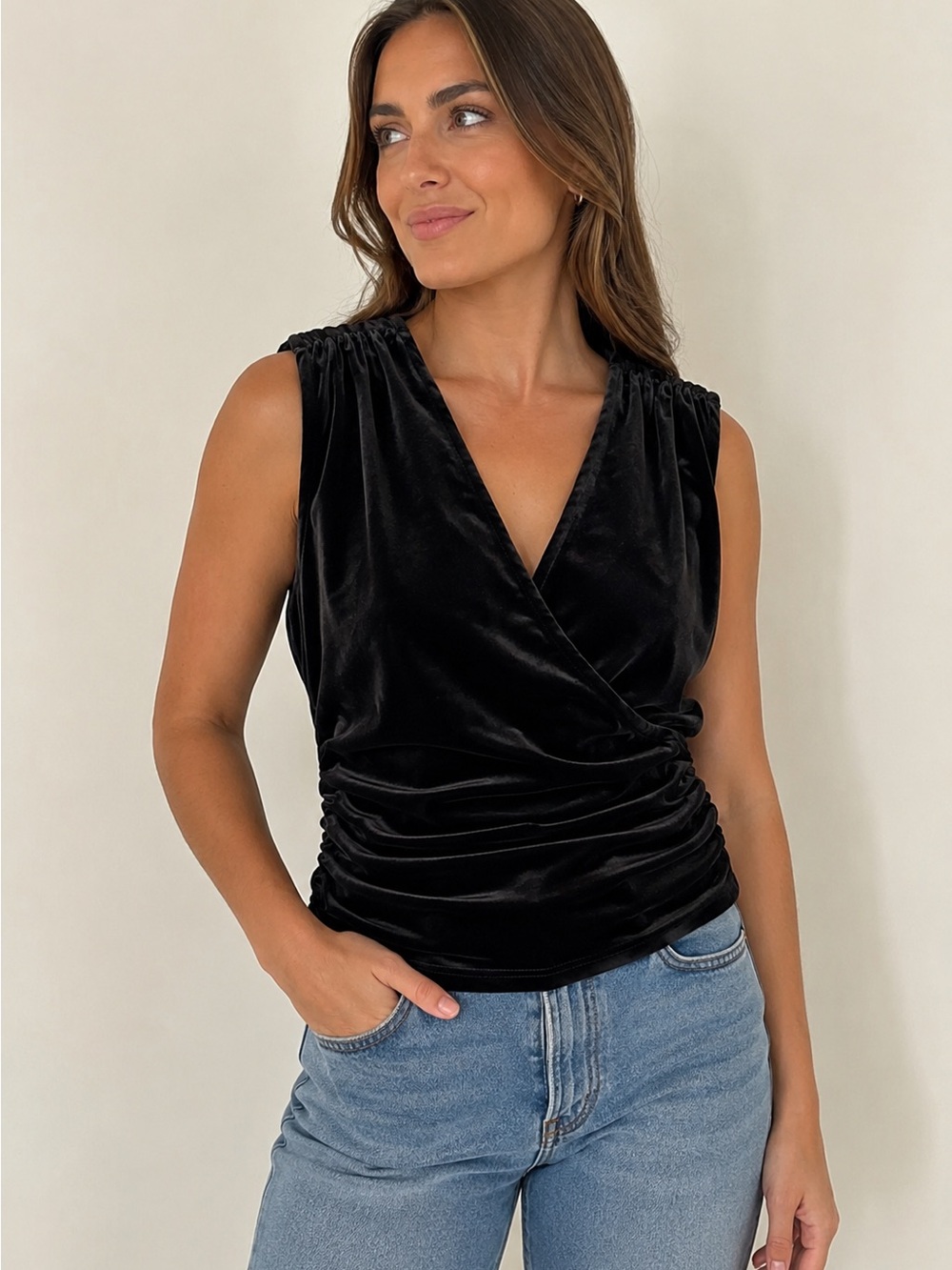 LOFT Black Velvet Wrap Halter Top Ruched Tie Back Sleeveless XL